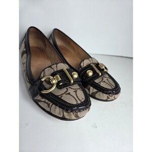 Coach Elkie Loafers Shoes Womens Size 6B‎ Brown Signature Canvas Patent Horsebit